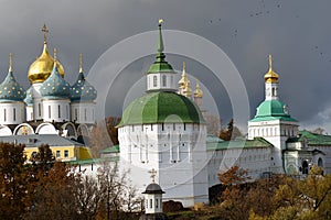 Architecture of Trinity Sergius Lavra, Russia. Old churches, towers and walls