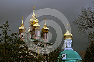 Architecture of Trinity Sergius Lavra in Sergyev Posad, Russia. Old churches.