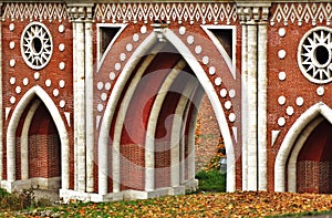 Architecture of Tsaritsyno park in Moscow, Russia. Old bridge.