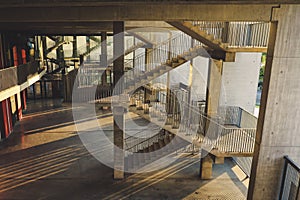 Architecture and various staircases and patterns inside a soccer stadium