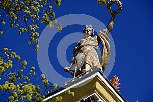 Architecture of VDNKH park in Moscow. Pavilion decorated by sculpture