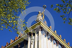 Architecture of VDNKH park in Moscow. Pavilion decorated by sculpture