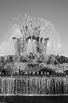 Architecture of VDNKH park in Moscow. Stone flower fountain.