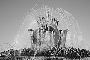 Architecture of VDNKH park in Moscow. Stone flower fountain.