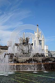 Architecture of VDNKH park in Moscow. Stone flower fountain