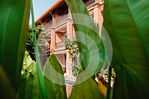 Architecture View of Contemporary Luxury Hotel Resort From Exterior Swimming Pool and Tropical Trees Garden. Villa Resorts