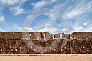 Architecture wall with stone faces of Tiwanaku, Bolivia