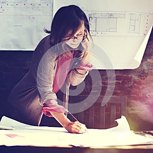 Architecture Woman Working Blue Print Workspace Concept