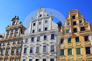 Architecture of Wroclaw, Poland, Europe. City centre, Colorful, historical Market square tenements.Lower Silesia, Europe.