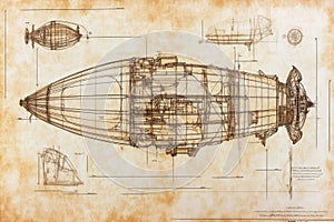 Archival steampunk airship plan on museumquality parchment with curator annotations, exhibit labels, provenance marks