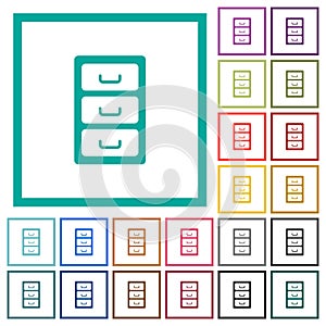 Archive file cabinet flat color icons with quadrant frames