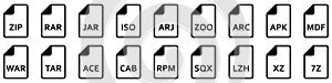 Archive file icon. Different formats of archive files. Vector linear icons