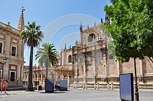 Archive Of The Indies Archivo General de Indias and Seville cathedral on Triumph square, Spain photo