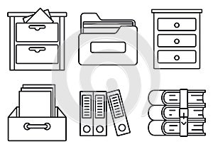 Archive library icons set, outline style