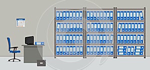 Archive. The room for storage of documents. The workplace of the archivist