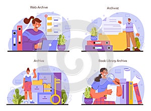 Archivist concept set. Archive administrator managing and maintaining