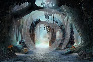 Archway in an enchanted fairy forest landscape, misty dark mood,