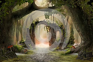 Archway in an enchanted fairy forest landscape, misty dark mood, photo