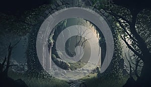 Archway in an enchanted fairy forest landscape, misty dark mood, can be used as background