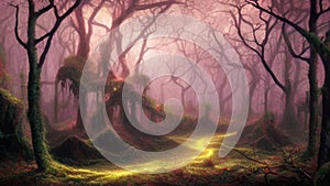 Archway in an enchanted fairy forest landscape, misty dark mood. Mysterious enchanted forest in the evening or night