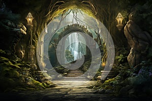 Archway in an enchanted fairy forest landscape, with waterfall