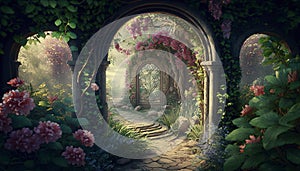 Archway in an enchanted fairy garden landscape. Generative AI