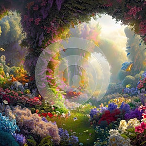Archway in an enchanted fairy garden landscape. Generative AI
