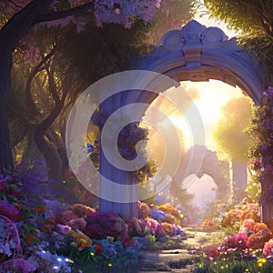 Archway in an enchanted fairy garden landscape. Generative AI