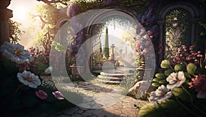 Archway in an enchanted fairy garden landscape. Generative AI