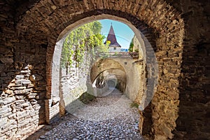 Archway gate at the Lutheran fortified church in Biertan, Sibiu County, Transylvania, Romania