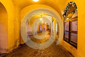 Archway at the Male namesti square in Prague, Czech Republ