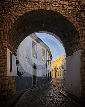 Archway in the old town Faro, Portugal, December 2018