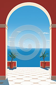an archway with a view of the ocean and two potted plants