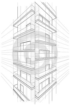 Arcitectural sketch multi-storey building perspective on white background