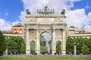 Arco della Pace or Arch of Peace in Milan, Italy. City Gate of Milan Located at Center of Simplon Square