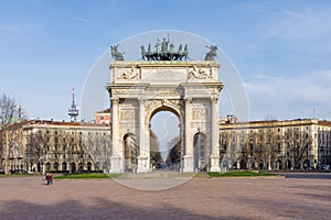Arco della Pace early in the day in Milan.Sempione park