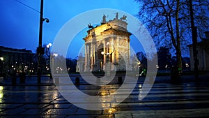 Arco della pace in Milan at dawn on a rainy day