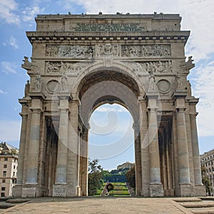 Arco della Vittoria in Genoa city, Italy. Arch of Triumph.