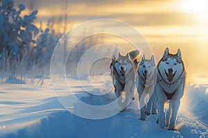 Arctic adventure Sled dogs led by mushers through serene snowy landscape