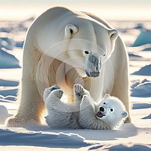 Arctic Affection: Polar Bear Mother Caring for Cub