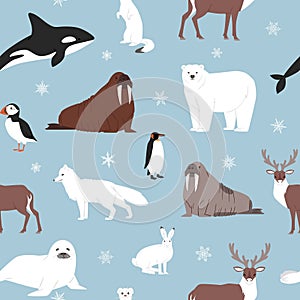 Arctic animals seamless pattern. Vector cartoon illustration of polar bear, morse, penguin and furseal. Arctic animals