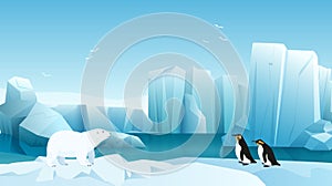 Arctic and Antarctic landscape, cute polar bear and penguins in winter icy scenery