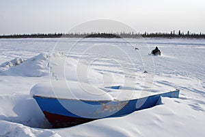 Arctic Blue Boat, Snowmobile & Dog photo