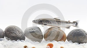 Arctic char leaping over pebbles, simulated natural habitat, studio shot