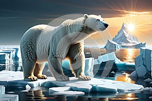 Arctic Crisis Unveiled: Melting Glacier Calving into the Arctic Ocean - Polar Bear on a Shrinking Ice Floe, Gazing Toward the