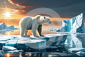 Arctic Crisis Unveiled: Melting Glacier Calving into the Arctic Ocean - Polar Bear on a Shrinking Ice Floe, Gazing Toward the