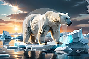 Arctic Crisis Unveiled: Melting Glacier Calving into the Arctic Ocean - Polar Bear on a Shrinking Ice Floe, Gazing Toward the