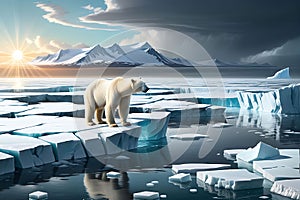 Arctic Crisis Unveiled: Melting Glacier Calving into the Arctic Ocean - Polar Bear on a Shrinking Ice Floe, Gazing Toward the