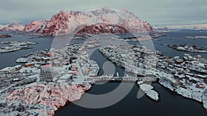 Arctic Elegance: Aerial Perspectives on Snowy Henningsvaer Village