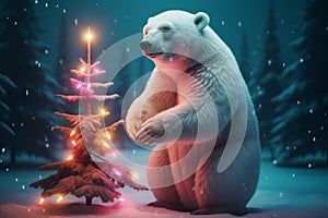 Arctic Elegance: Polar Bear Beside Christmas Tree Adorned with Lights in Snowy Forest. Generative ai